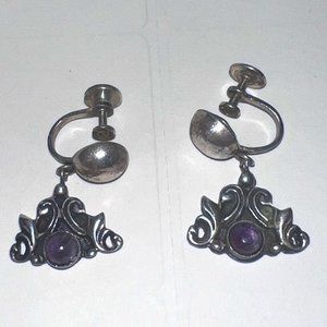 Vtg. 1940's ProSa Sterling Silver Genuine Amethyst Cabochon Screw Back Earrings